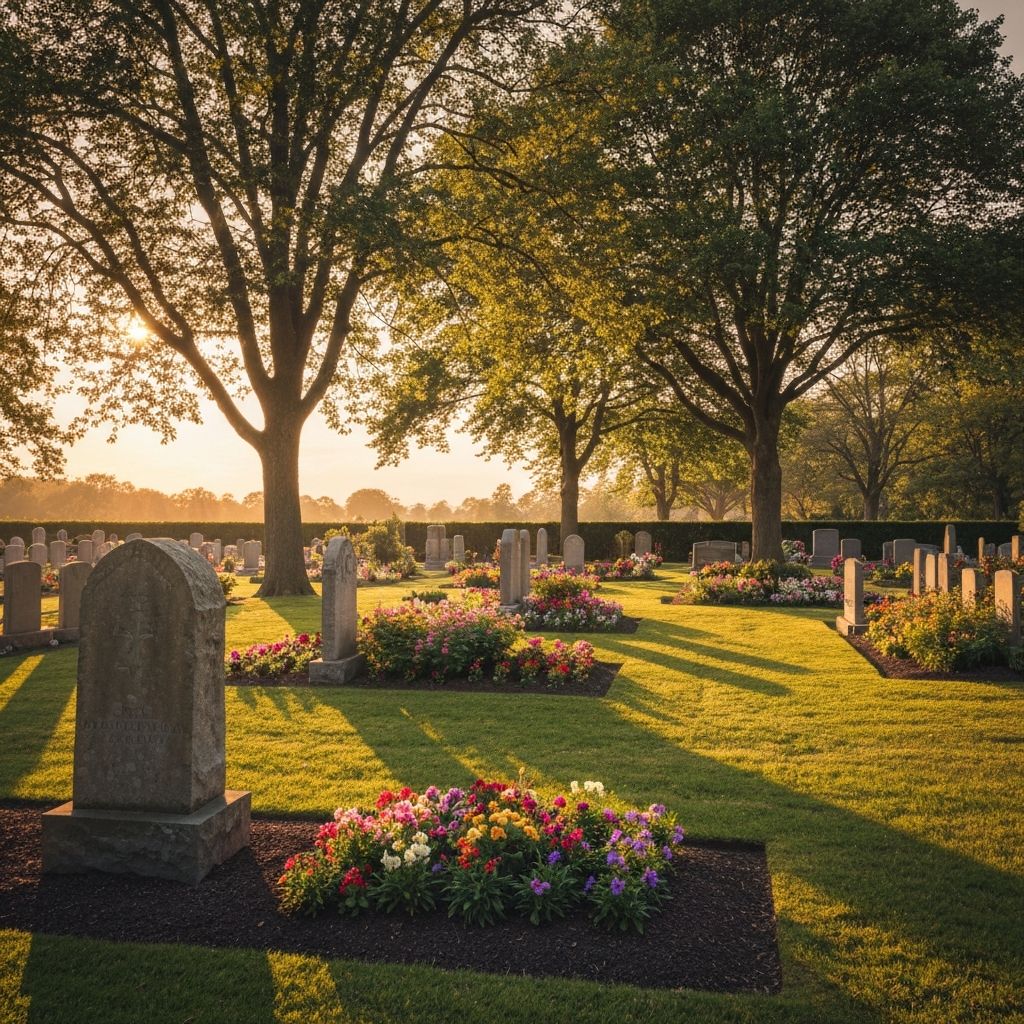 Peaceful memorial garden at sunset
